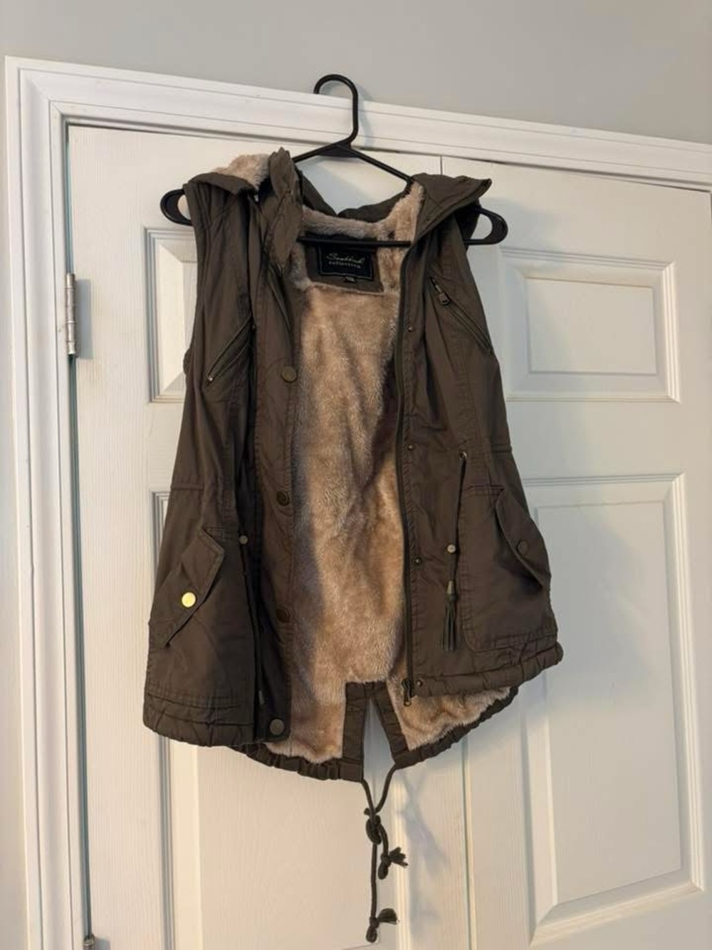 Faux Fur Lined Hooded Utility Vest - Brown